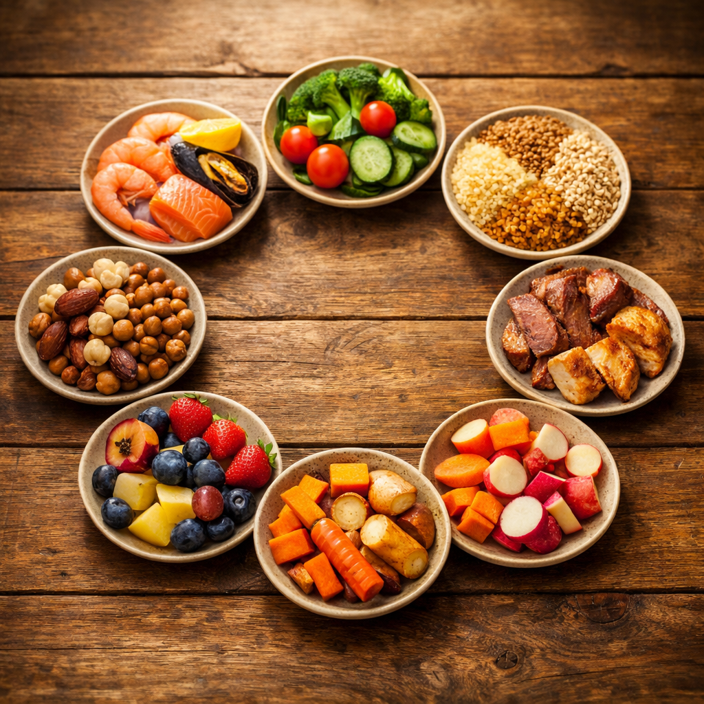 An artistic overhead flat lay of eight small circular plates arranged in a circle on a wooden surface, each containing different types of food representing constitutional dietary principles - seafood, vegetables, grains, meats, roots, and fruits. Soft natural lighting from above, shallow depth of field, f/2.8, highly detailed textures, warm color palette, photo style