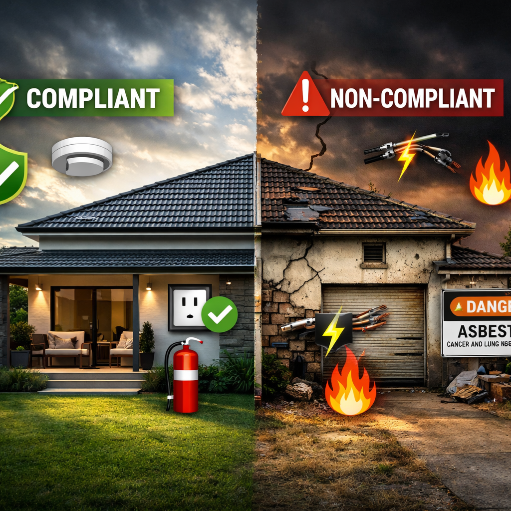 Australian residential property with warning signs and compliance symbols overlaid, showing a house split between compliant and non-compliant zones, dramatic lighting highlighting the contrast, architectural photography style, wide-angle lens, high contrast, rule of thirds composition, photo style