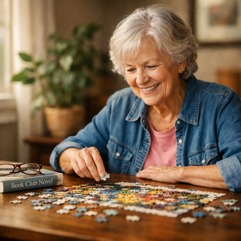 A cheerful senior woman in her late 60s sitting at a wooden table working on a colorful jigsaw puzzle, with a book club novel and reading glasses nearby, soft natural window light illuminating her focused expression, potted plants in background, cozy home setting, shot with 85mm lens, shallow depth of field, warm tones, photo style
