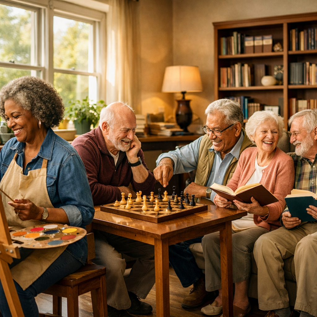 A heartwarming photo showing a diverse group of seniors in their 60s and 70s sitting together at a community center, engaged in various hobbies - one painting on canvas, another playing chess, and others sharing stories over books. Natural window lighting creates soft, warm atmosphere. Shot with wide-angle lens, rule of thirds composition, photo style. Everyone is smiling and actively engaged, showing genuine joy and connection. Highly detailed, warm color tones.