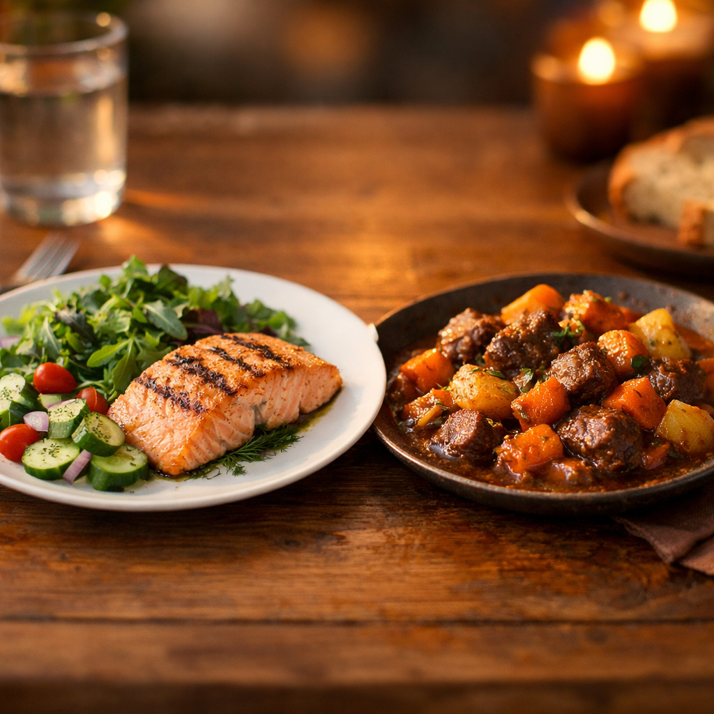A serene scene showing two contrasting dinner plates side by side on a wooden table, photographed in natural sunset lighting. Left plate features grilled salmon with cucumber salad and leafy greens (cool-toned, fresh arrangement). Right plate shows beef stew with root vegetables and warm spices (warm-toned, hearty arrangement). Shot with 50mm lens, f/2.8, shallow depth of field, emphasizing the textural differences between the two meals. Soft, warm ambient lighting creating an inviting atmosphere. High detail, photo style, DSLR camera quality.