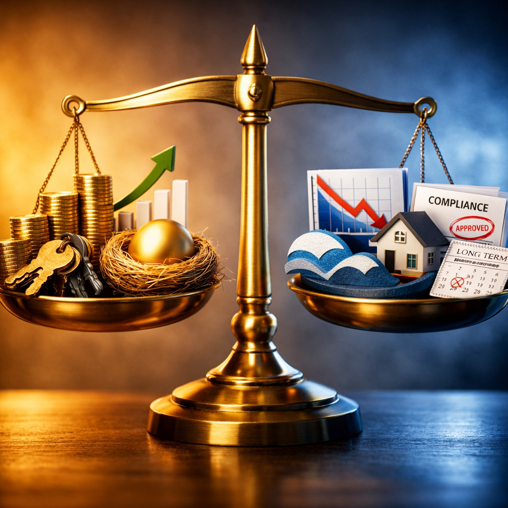 A balanced visual metaphor showing SMSF loan strategy advantages and risks. On the left side, golden scales tipping upward display symbols of wealth growth: stacked coins increasing in height, property keys, upward-trending graphs, and a retirement nest egg growing larger. On the right side, weighted with caution symbols: cash flow charts with red indicators, property market cycle waves, compliance documents, and a calendar showing long-term commitment. The background transitions from warm golden tones on the advantage side to cooler cautionary blues on the risk side. Professional business photography style with dramatic lighting emphasizing the balance concept, shot with shallow depth of field at f/2.8.