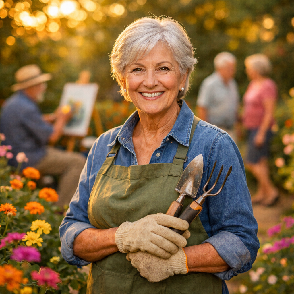 A vibrant photo of an active senior woman in her 60s with silver hair, standing in a beautiful garden filled with colorful flowers, holding gardening tools and smiling warmly at the camera. Natural golden hour lighting, shot with 50mm lens at f/2.8, shallow depth of field with bokeh effect. The background shows other seniors engaged in various activities like painting and walking. Warm tones, highly detailed, photo style.