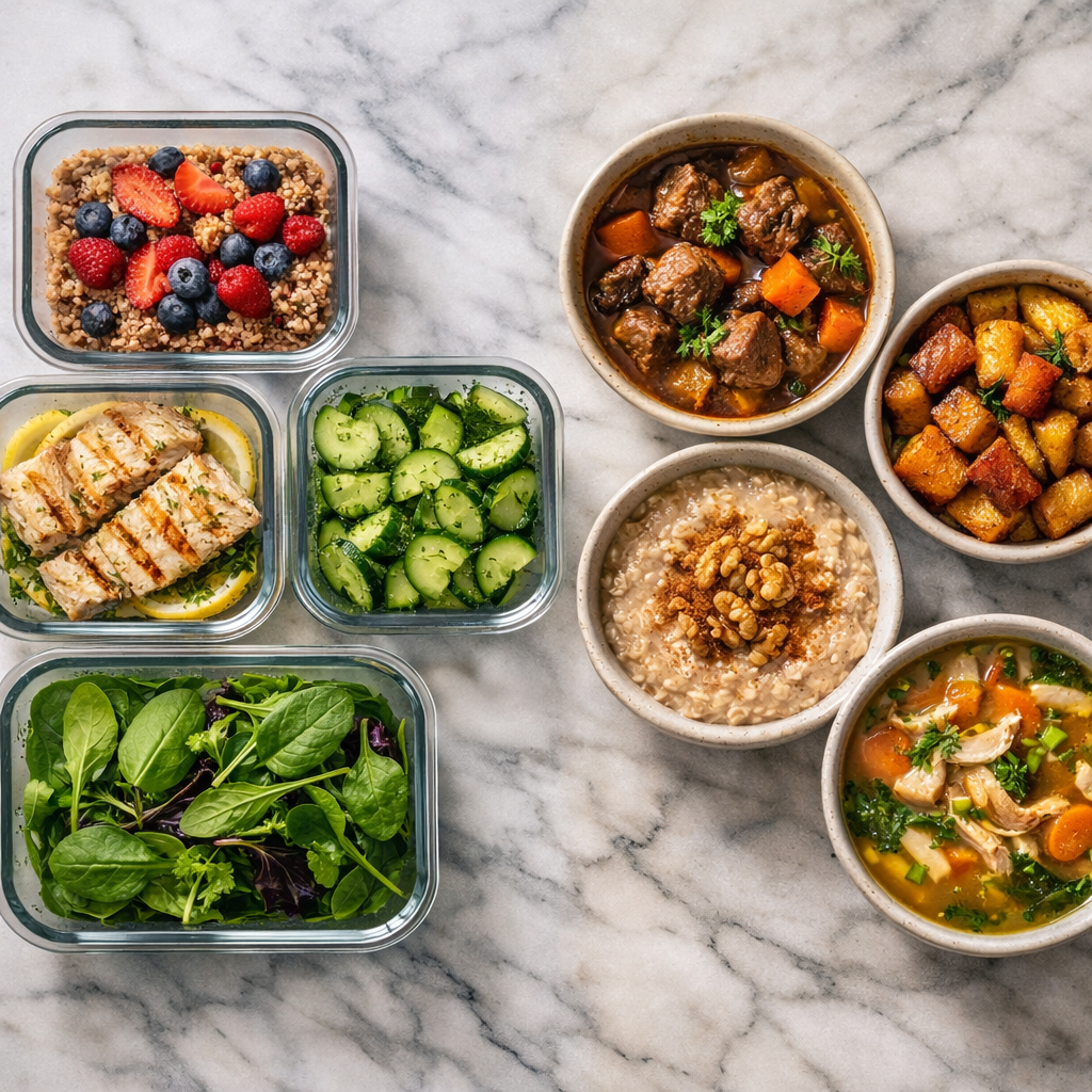 A beautifully styled overhead flat lay of meal prep containers on a marble countertop, natural window lighting. Left side shows cooling foods: buckwheat porridge with berries, grilled white fish, fresh cucumber salad, and leafy greens in glass containers. Right side displays warming foods: beef stew, roasted root vegetables, warm oatmeal with cinnamon, and ginger chicken soup in ceramic bowls. Soft shadows, rule of thirds composition, photo style shot with macro lens, intricate food details visible, professional food photography aesthetic with subtle film grain.