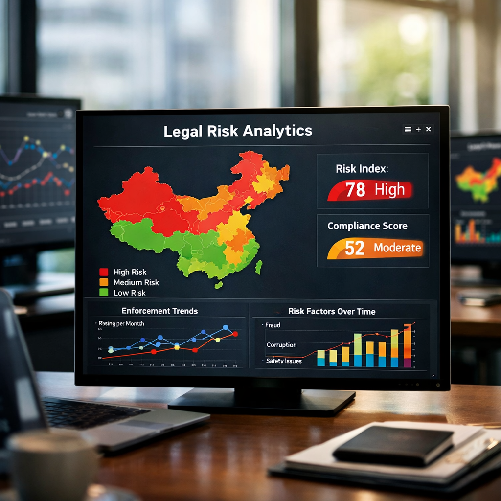 Modern dashboard interface displaying legal risk analytics on multiple screens, showing heat maps of China with colored risk zones, trending graphs of enforcement patterns, and risk score indicators, sleek office environment, natural daylight from windows, shot with 50mm lens, shallow depth of field focusing on main screen, professional photo style, high contrast