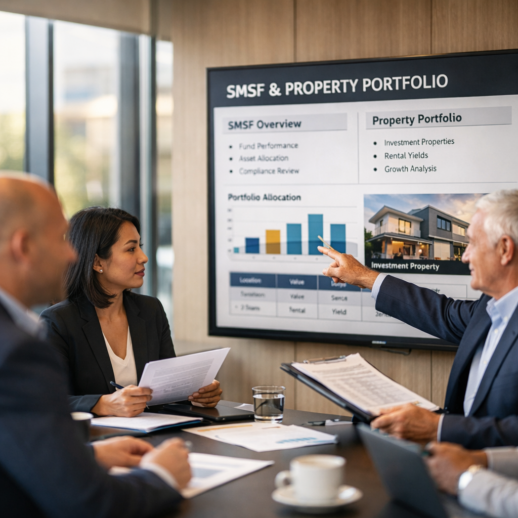 A modern professional office setting with a diverse group of financial advisors reviewing SMSF documents and property portfolios on a large digital screen, warm natural lighting streaming through floor-to-ceiling windows, shot with 50mm lens at f/2.8, shallow depth of field, professional business photography style, high detail, contemporary Australian office environment