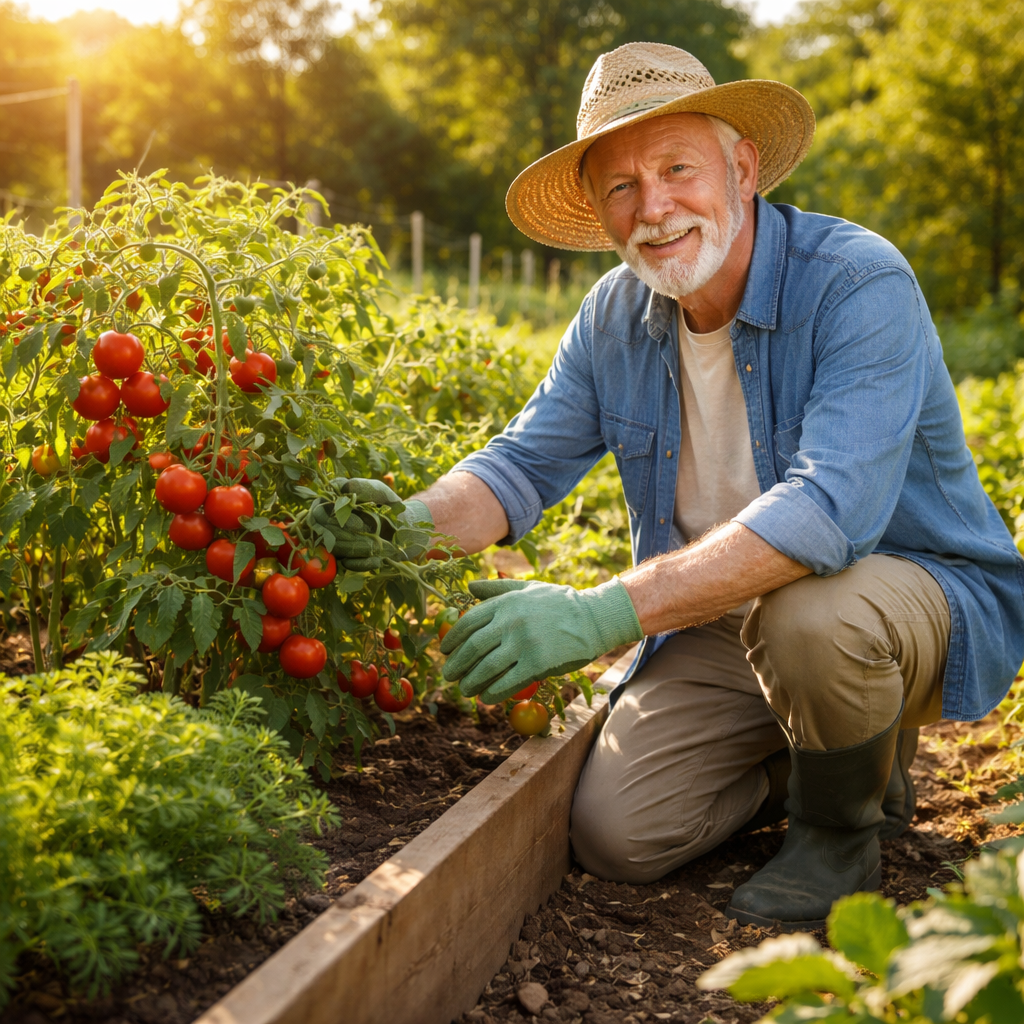 A cheerful elderly man in his early 70s tending to a lush vegetable garden on a sunny morning. He's kneeling beside raised garden beds filled with tomatoes and herbs, wearing gardening gloves and a sun hat, with a gentle smile on his face. Golden hour lighting, natural outdoor setting, shot with wide-angle lens, vibrant green colors, high contrast, DSLR camera, intricate details of plants and soil texture, photo style