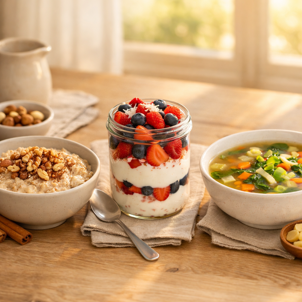 A peaceful morning breakfast scene featuring three different constitutional meal setups side by side: a warm oatmeal bowl with cinnamon and nuts for Vata, a cooling coconut yogurt parfait with fresh berries for Pitta, and a light vegetable soup with ginger for Kapha, arranged on a minimalist breakfast table with soft golden hour lighting streaming through a window, shallow depth of field, natural lighting, photo style