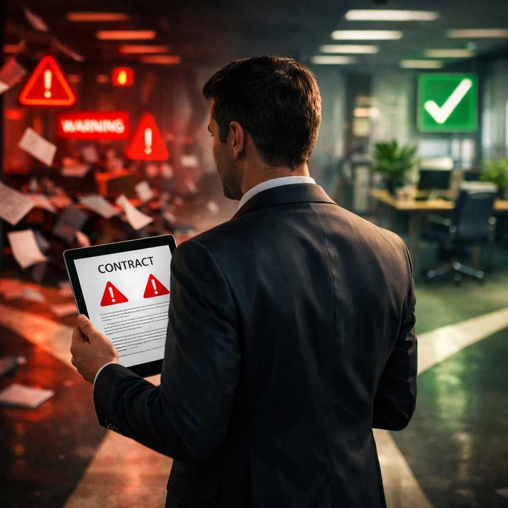 A professional business person standing at a crossroads in a modern office, holding a tablet displaying a contract document with warning symbols, split lighting showing one path leading to chaos with red warning signs and scattered papers, the other path leading to organized success with green checkmarks, cinematic composition, photo style, shot with 35mm lens, dramatic lighting, shallow depth of field, highly detailed, business photography aesthetic