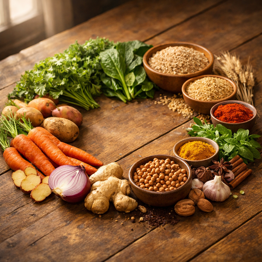A serene composition showing eight different types of fresh, whole foods arranged in a circular pattern on a wooden table, each group representing different constitutional needs: warming root vegetables, cooling leafy greens, nourishing grains, healing herbs and spices, all bathed in soft natural window light, shot with 50mm lens, f/2.8, warm tones, highly detailed textures, photo style
