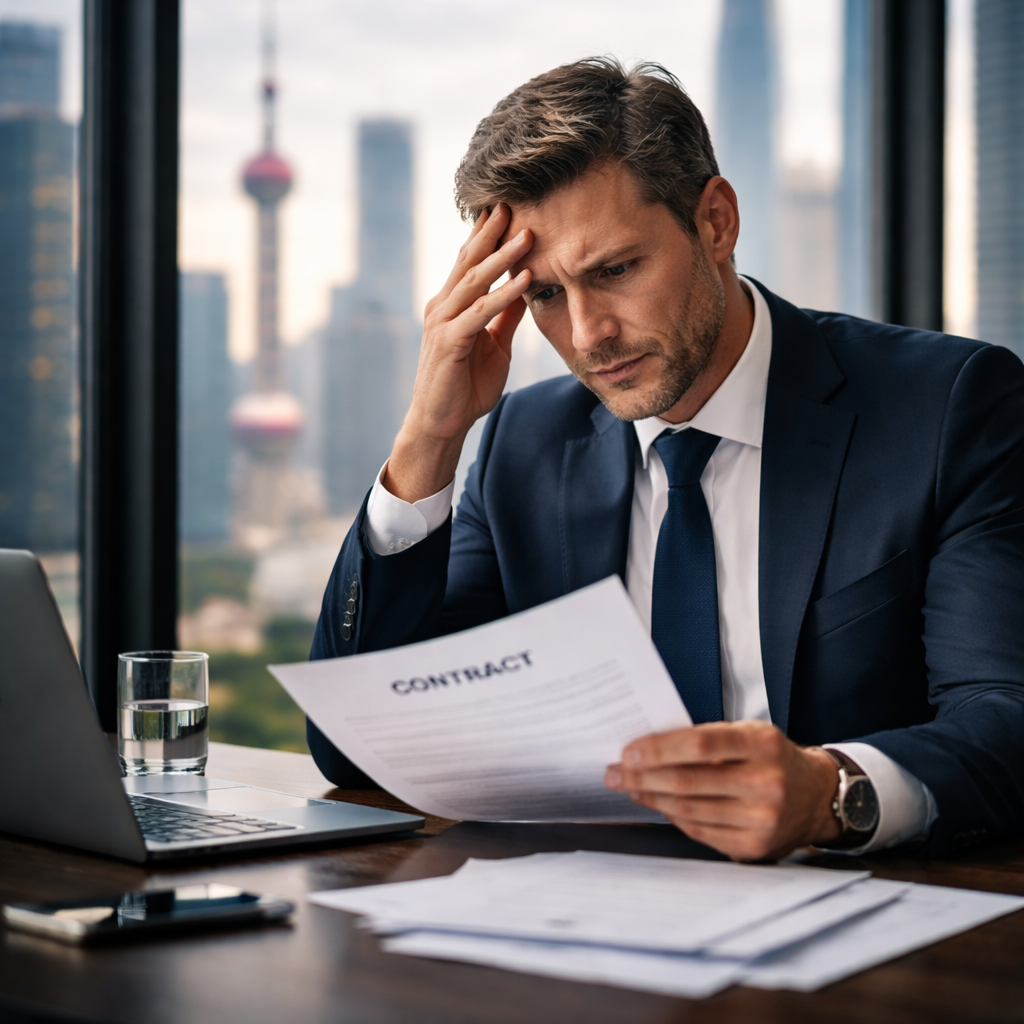 A dramatic photo of a Western business executive reviewing contract documents with visible concern, shot in a modern office with Chinese cityscape visible through windows, natural lighting, shallow depth of field, shot with 50mm lens at f/2.8, high contrast, corporate atmosphere