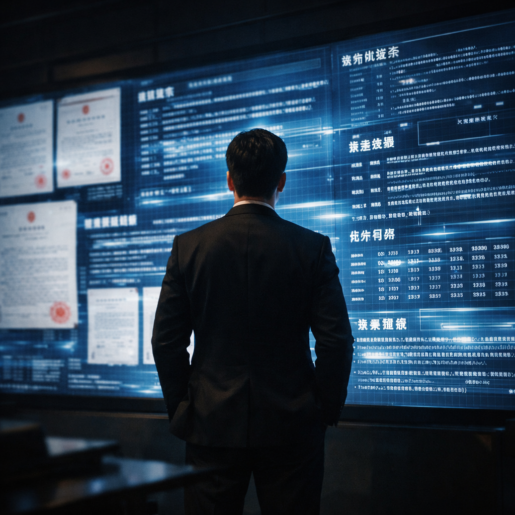 A professional business person standing before a massive illuminated digital wall displaying flowing streams of Chinese legal data, court documents, and regulatory information in a modern dark office setting, dramatic lighting highlighting the contrast between human decision-maker and overwhelming data complexity, photo style, shot with 35mm lens, f/2.8, cinematic lighting