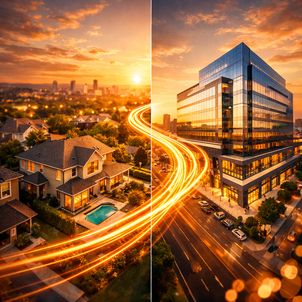 An elegant split composition showing a residential investment property on one side and a modern commercial building on the other, connected by flowing light trails representing financial growth, aerial view captured during golden hour, shot with wide-angle lens, dramatic lighting with warm tones, architectural photography style, highly detailed, bokeh effect in background