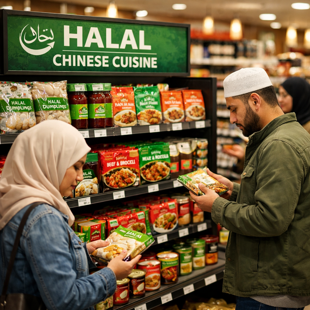 A vibrant marketplace scene showing diverse halal-certified Chinese food products displayed on modern retail shelves in an American supermarket, with Muslim shoppers examining packages, warm lighting, shot with 50mm lens, shallow depth of field, photo style, highly detailed