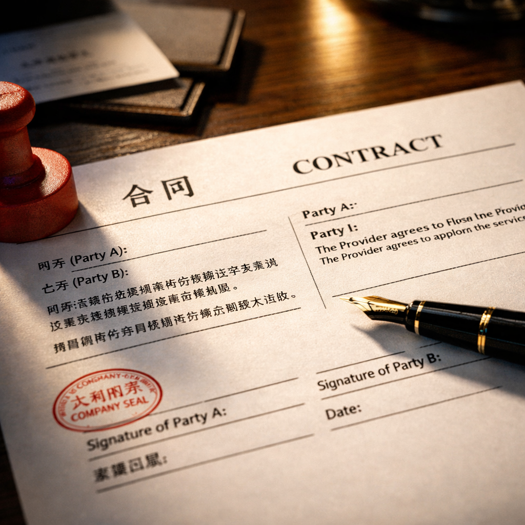 A close-up photo of a bilingual contract document (Chinese and English text visible side by side) on a modern office desk, with a fountain pen positioned to sign. The lighting is dramatic with side lighting creating shadows, emphasizing the importance of proper documentation. Include subtle elements like a company seal (chop) and business cards. Shot with macro lens, shallow depth of field, f/2.8, warm office lighting, photo style, intricate details, professional business photography.