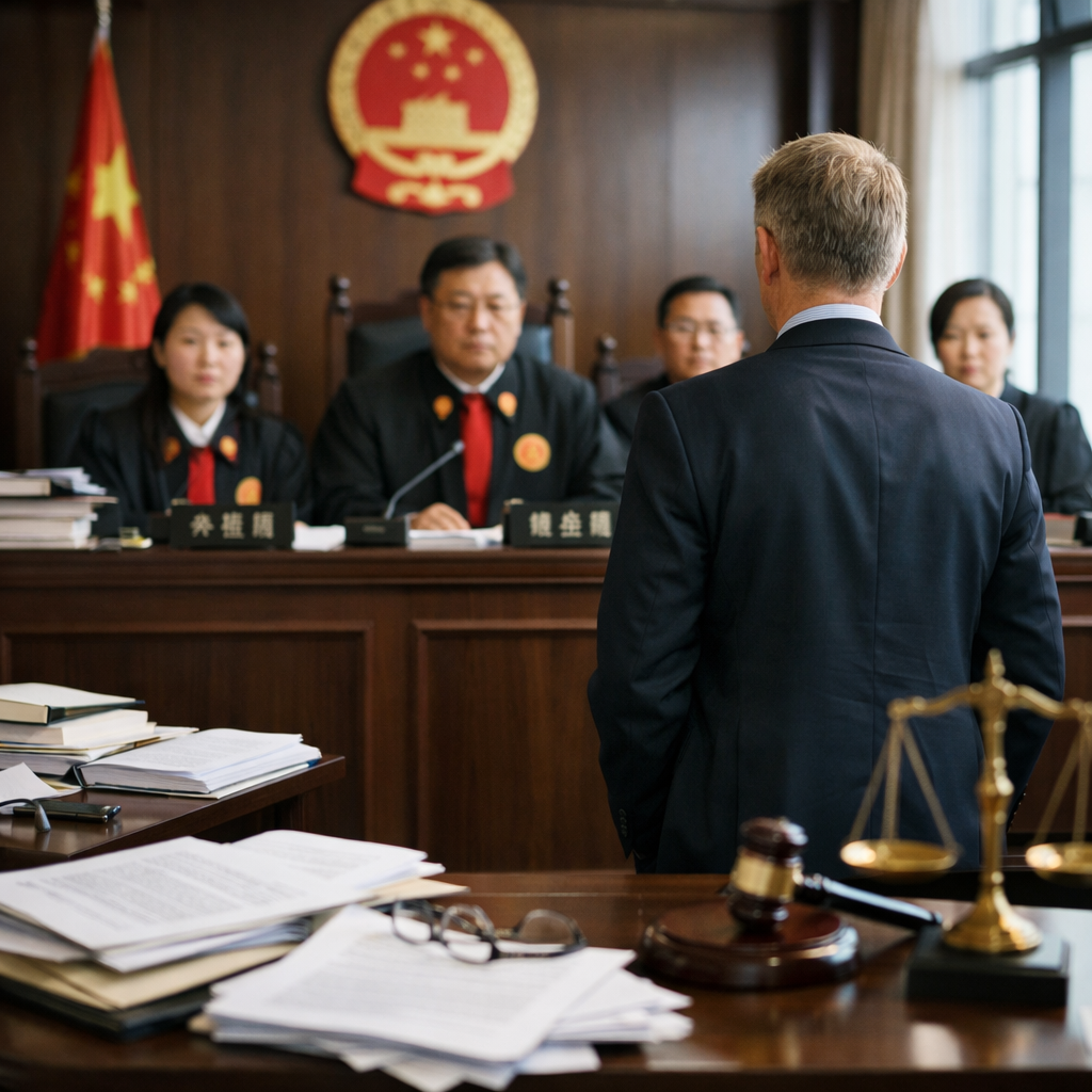 A dramatic courtroom scene in modern China, showing a foreign businessperson standing before Chinese judges in a contemporary courthouse. The scene captures the tension of cross-border contract enforcement, with legal documents scattered on tables and subtle visual elements representing both Western and Chinese legal systems. Shot with 50mm lens, f/2.8, natural lighting through large windows, photo style, highly detailed, professional composition.