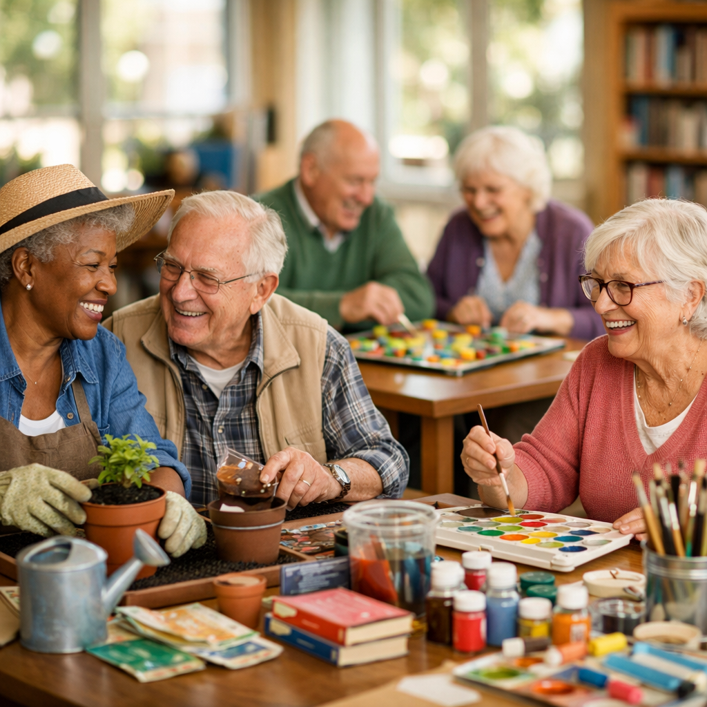 A vibrant and inviting scene showing diverse group of active seniors engaging in various hobbies together in a bright community center, photo style, shot with 50mm lens, natural lighting streaming through large windows, warm and welcoming atmosphere, shallow depth of field, high detail, showing gardening tools, art supplies, books, and board games arranged on tables, genuine smiles and engagement, DSLR camera, f/2.8, soft bokeh background