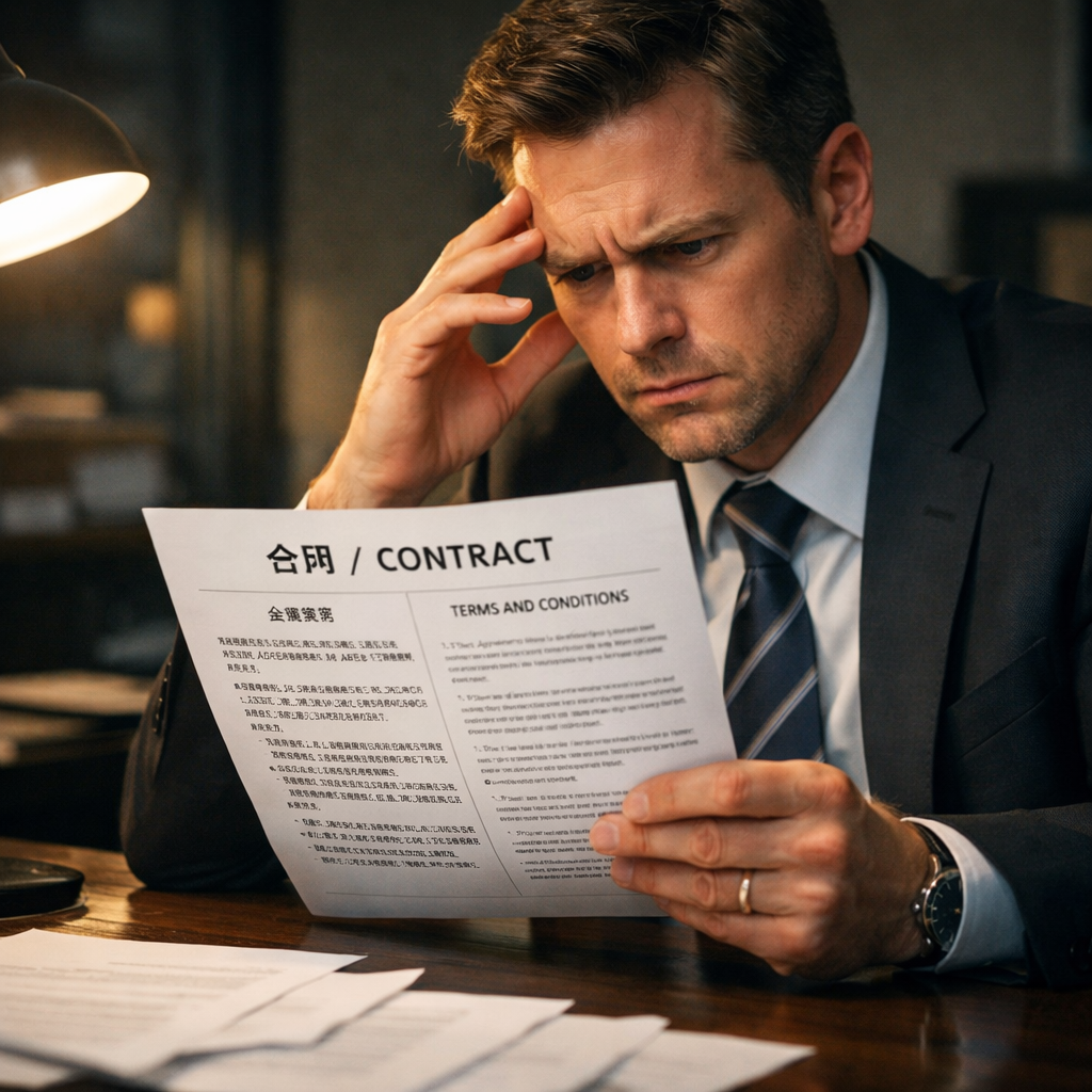A professional business person reviewing a contract document with visible Chinese text and English text side by side, showing confusion and concern. The scene is set in a modern office with papers scattered on a dark wooden desk. Dramatic lighting from a desk lamp creates shadows emphasizing the tension. Shot with 50mm lens, shallow depth of field, photo style, cinematic lighting, highly detailed.
