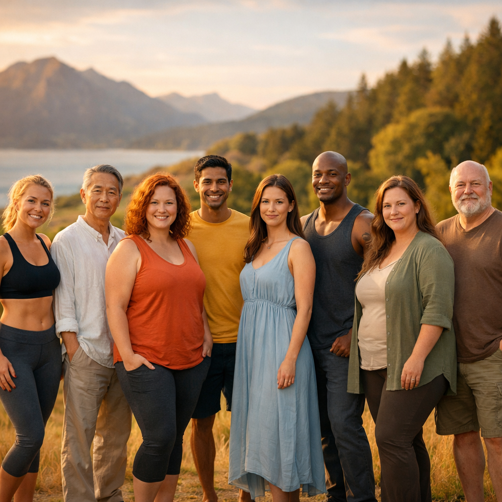 A serene photo-style image showing eight different people standing in a gentle curve, each person representing a unique body constitution. Shot with 50mm lens, f/2.8, natural lighting during golden hour. Each individual has distinct features suggesting different body types and energy levels - some appear warm and energetic, others calm and grounded. The background shows a harmonious blend of natural elements: mountains, ocean, forest, and fields, symbolizing the diverse constitutional landscapes. Soft bokeh effect, warm tones, highly detailed, DSLR camera quality, peaceful and inclusive atmosphere.