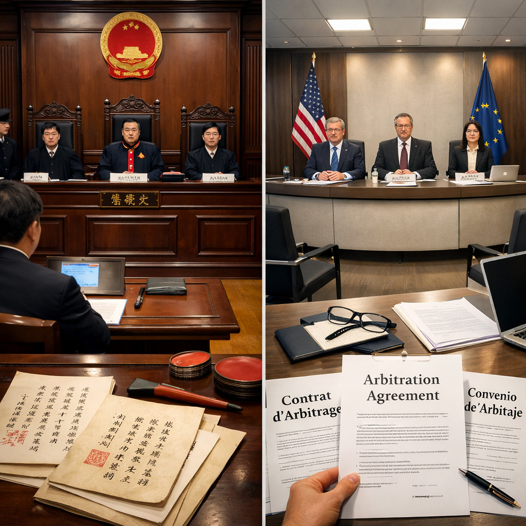 A split composition showing two contrasting scenes: on the left, a traditional Chinese courtroom with judges and legal documents in Chinese characters; on the right, an international arbitration chamber with neutral setting and multilingual documents. The image emphasizes the contrast between litigation and arbitration paths. Professional photography style, balanced lighting, wide-angle view, high detail, photo style.