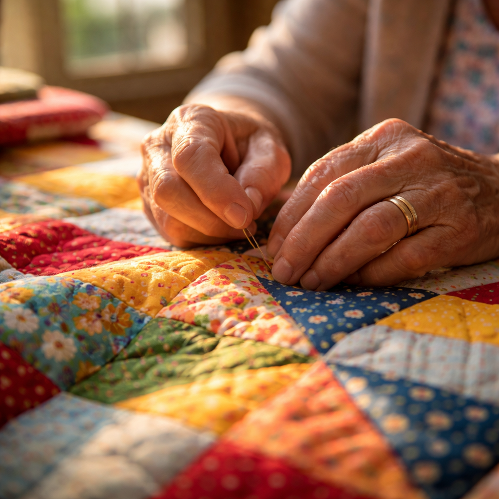 Close-up photo of elderly hands carefully working on a colorful quilting project with vibrant fabric patterns spread on a wooden table, natural window light illuminating the scene, macro lens, highly detailed stitching visible, warm afternoon lighting, cozy crafting atmosphere, shot with Canon EOS R5, shallow depth of field at f/2.8, showing both the intricate needlework and gentle expressions of concentration, photo style