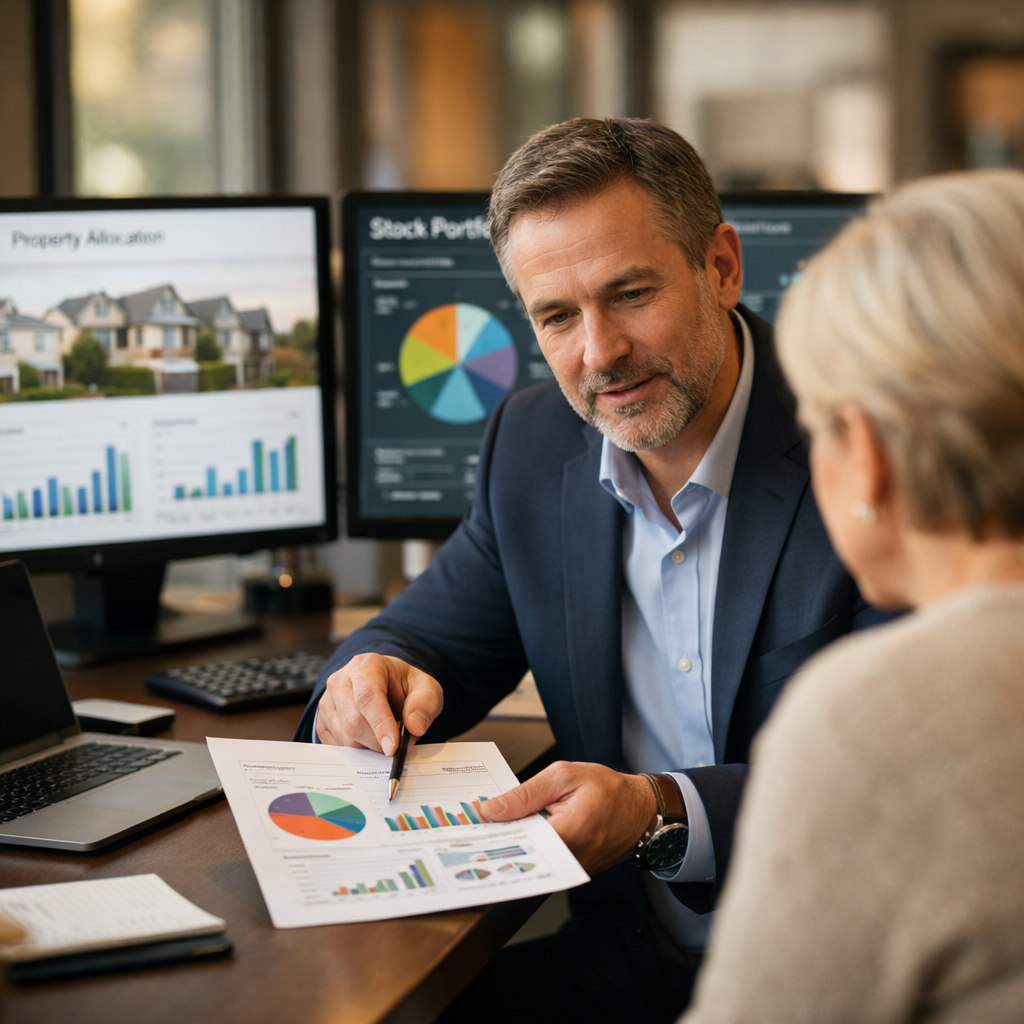 A professional financial consultant reviewing diversified investment portfolio charts with an SMSF trustee in a modern office, multiple screens showing property, stocks, and bonds allocations, warm natural lighting, shot with 50mm lens, f/2.8, shallow depth of field, photo style, highly detailed, business photography