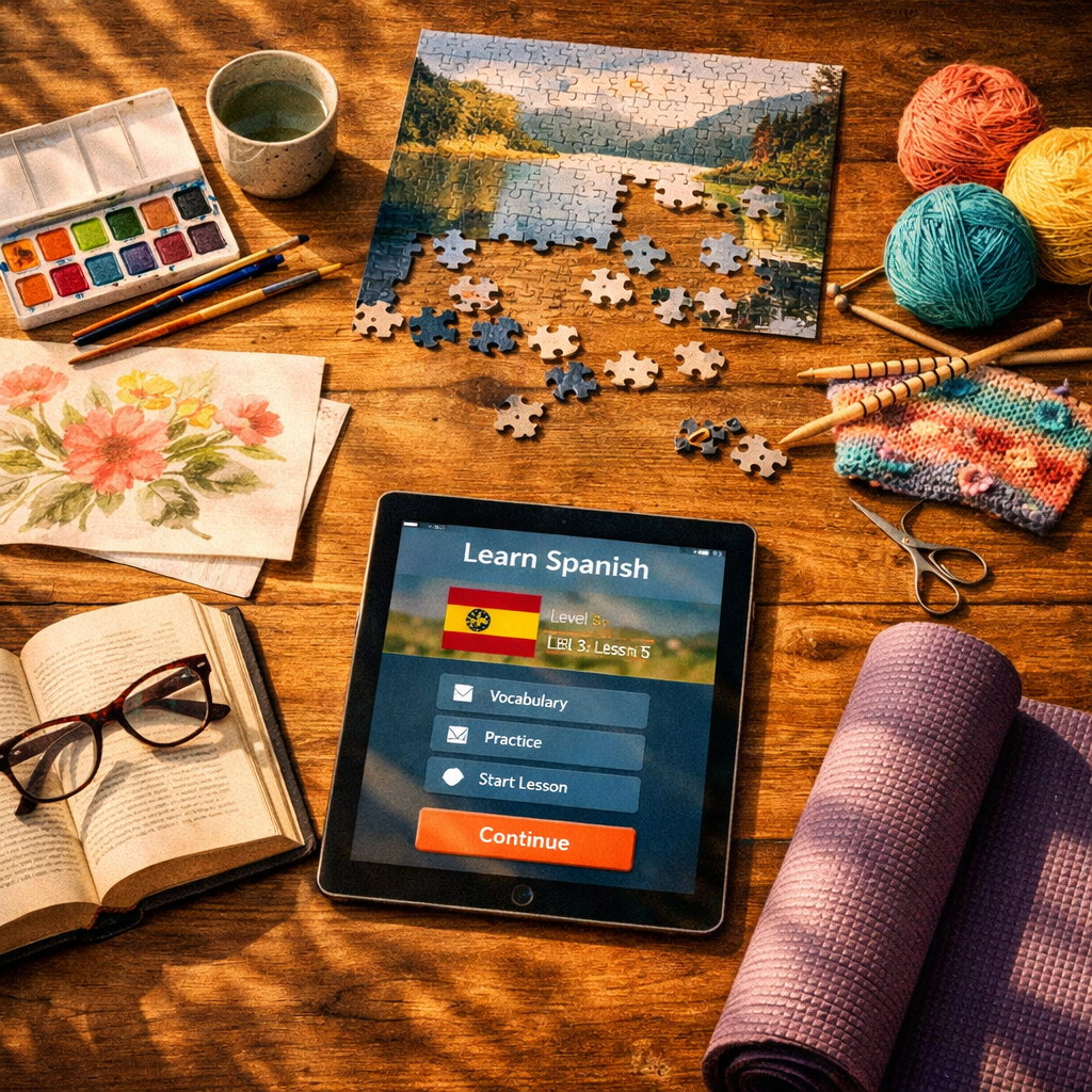 Photo style image shot with wide-angle lens showing a weekly activity layout on a wooden table, natural lighting from above. The composition displays various senior hobby items arranged in sections: watercolor paints and brushes, a partially completed jigsaw puzzle, knitting needles with colorful yarn, a tablet showing a language learning app, reading glasses on an open book, and a yoga mat partially unrolled. Golden hour lighting, high contrast, rule of thirds composition, film grain texture, highly detailed, warm tones suggesting an organized and balanced approach to active aging.