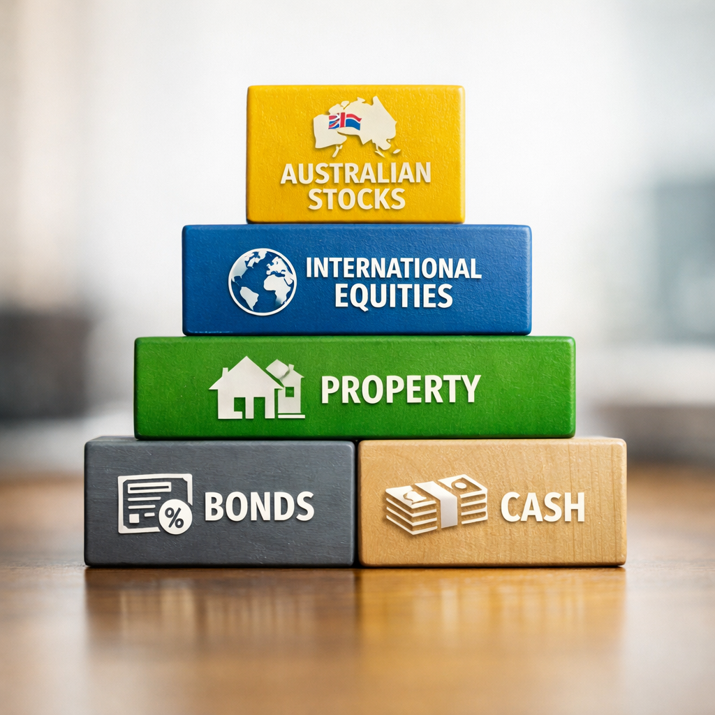 Visual representation of diversified investment portfolio showing different asset classes as balanced building blocks - Australian stocks, international equities, property, bonds, and cash - arranged in a stable pyramid structure, professional infographic style, clean composition, modern business photography, shot with macro lens, natural lighting, photo style