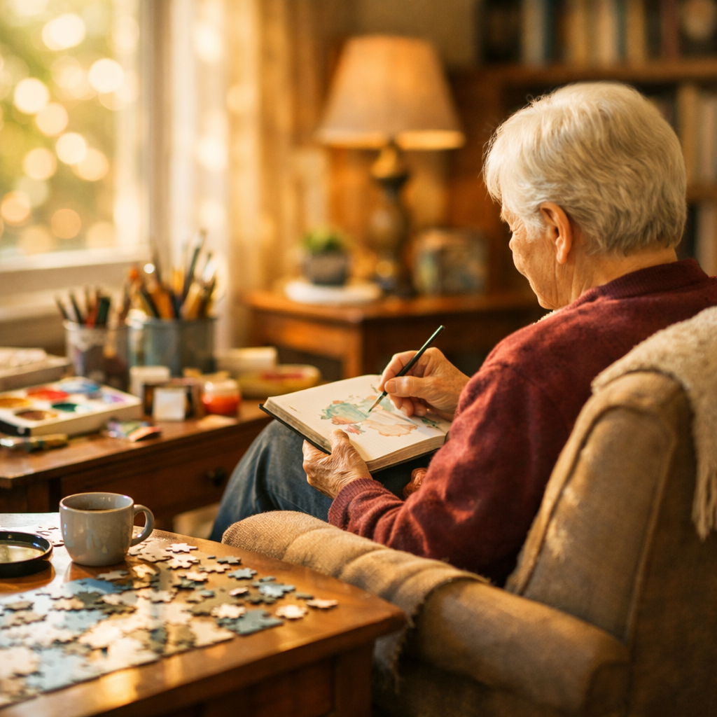 A warm, inviting living room scene in photo style, shot with 50mm lens at f/2.8, showing a cozy corner with natural afternoon lighting streaming through a window. An elderly person sits comfortably in an armchair engaged in a creative hobby, surrounded by art supplies, books, and a small table with a puzzle. The scene features soft focus background with bokeh effect, warm golden tones, and captures the peaceful atmosphere of an active retirement lifestyle at home. Highly detailed, shallow depth of field, DSLR camera quality.