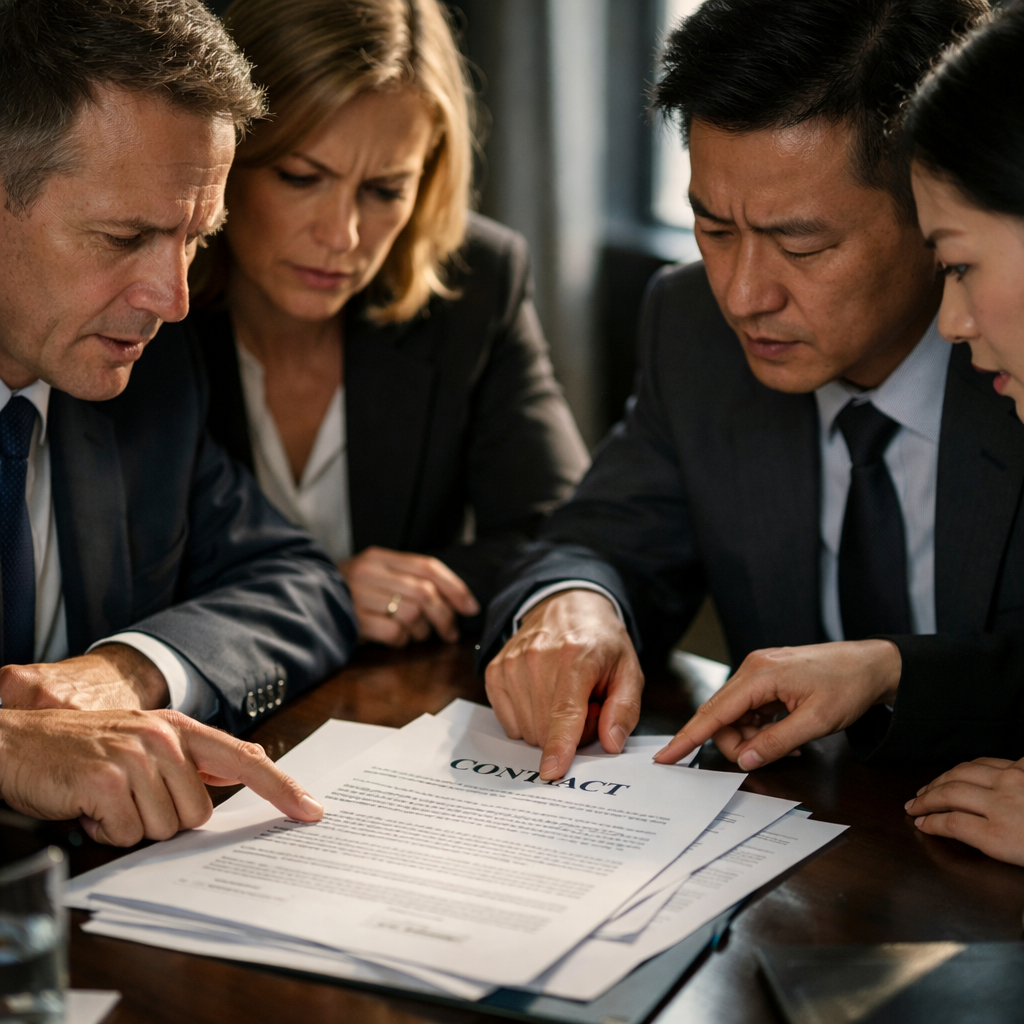 A professional business meeting scene showing Western and Chinese businesspeople reviewing contract documents at a modern conference table, with visible concern on their faces as they point to different sections of the papers. The lighting is dramatic with natural window light creating shadows, shot with 50mm lens at f/2.8, creating a cinematic documentary style that emphasizes the tension and complexity of cross-cultural contract negotiations. High detail on the contract papers and facial expressions, photo style.