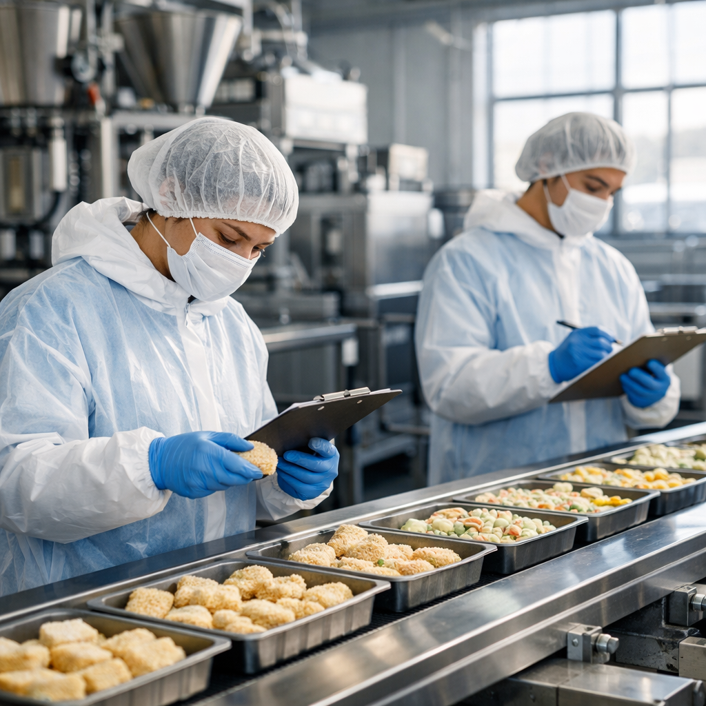 A modern frozen food production facility with stainless steel equipment and workers in protective gear conducting quality control inspections, shot with 50mm lens, f/2.8, natural lighting from large industrial windows, photo style, highly detailed, clean and organized manufacturing environment