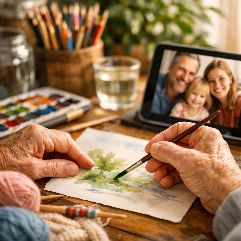 A close-up photo style image of an elderly person's hands engaged in creative activities at a well-organized hobby station. The hands are gently painting with watercolors on paper, with art supplies neatly arranged nearby including colored pencils, yarn for knitting, and a tablet showing a video call with smiling family members. Soft window light illuminates the scene from the side, creating gentle shadows. Indoor plants visible in the background. Shot with macro lens, shallow depth of field, natural lighting, warm and inviting atmosphere, highly detailed textures