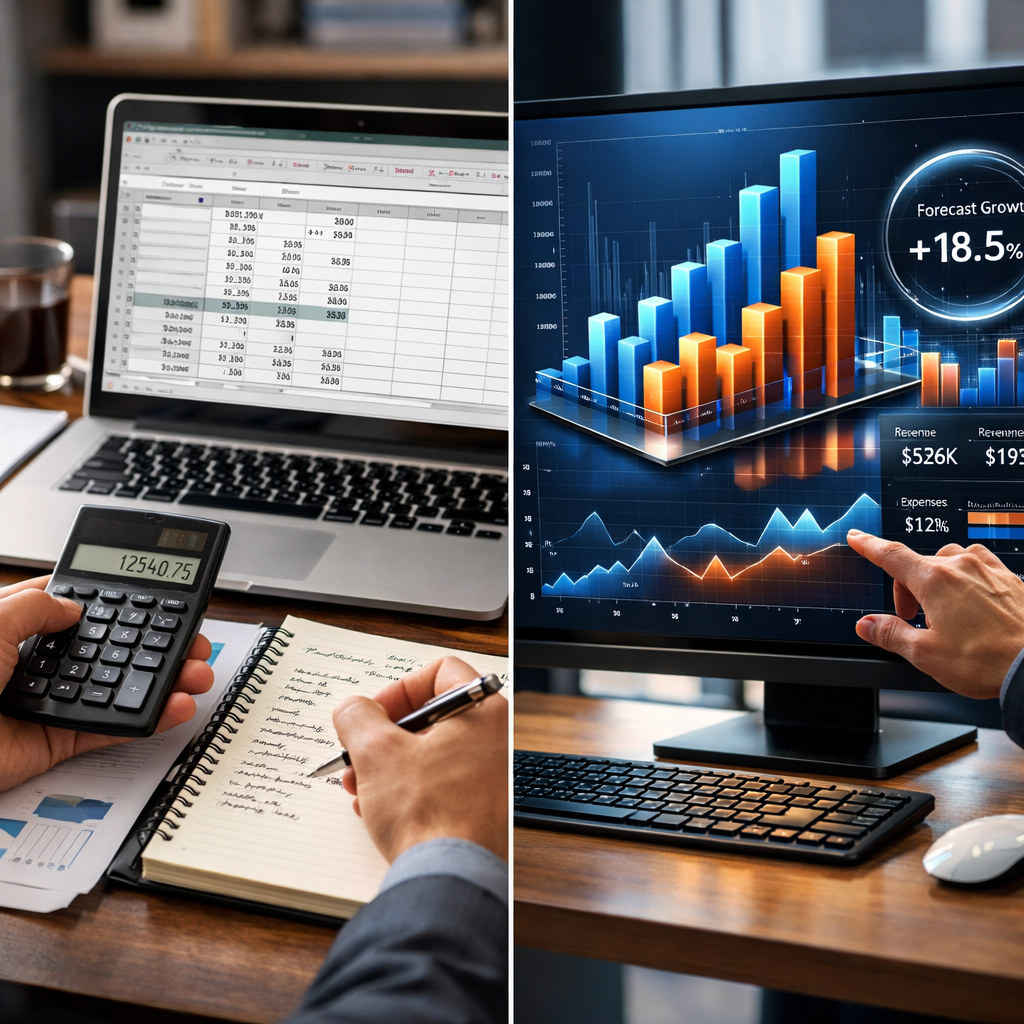 Split-screen visualization showing traditional spreadsheet planning on one side with manual calculations versus modern AI interface on the other side with interactive 3D graphs and real-time data visualization, business office setting, professional photography, Canon EOS R5, natural lighting, high contrast, sharp details, contemporary financial technology aesthetic