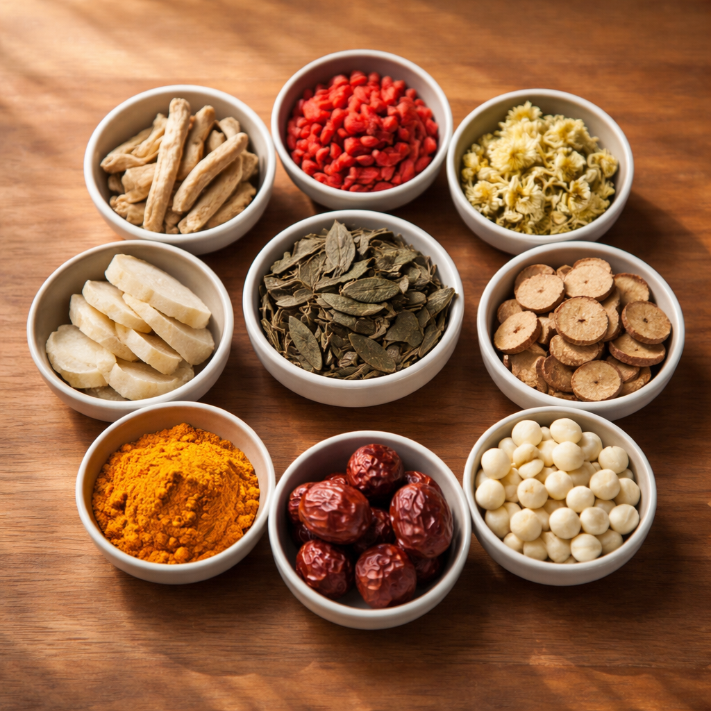 A clean, organized photo showing nine small ceramic bowls arranged in a circular pattern on a wooden surface, each containing different traditional Chinese medicinal herbs and ingredients representing the nine body constitution types. The bowls contain items like ginger root, goji berries, lily bulbs, turmeric, and various dried herbs, each with distinct colors and textures. Shot from directly above with natural window lighting creating soft shadows. The composition follows the rule of thirds with shallow depth of field at f/2.8, creating a professional food photography aesthetic. Photo style, highly detailed textures, warm natural tones.