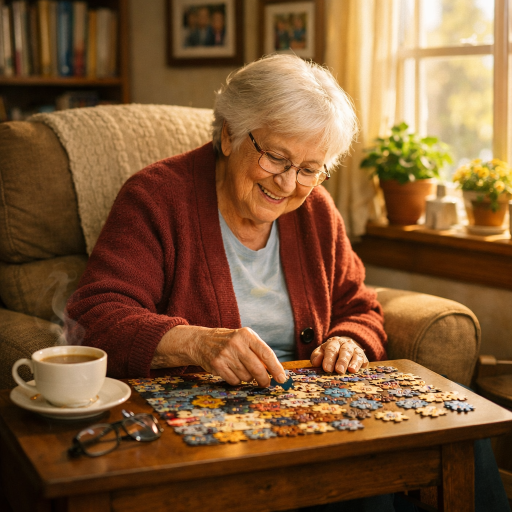 A warm and inviting living room scene showing a cheerful elderly person sitting in a comfortable armchair by a sunlit window, engaged in a hobby. The person is working on a colorful jigsaw puzzle on a side table, with a cup of tea nearby. Soft natural light streams through the window, creating a cozy atmosphere. In the background, bookshelves filled with books, potted plants on the windowsill, and family photos on the walls. Shot with 50mm lens, f/2.8, natural lighting, warm tones, photo style, highly detailed, comfortable home interior