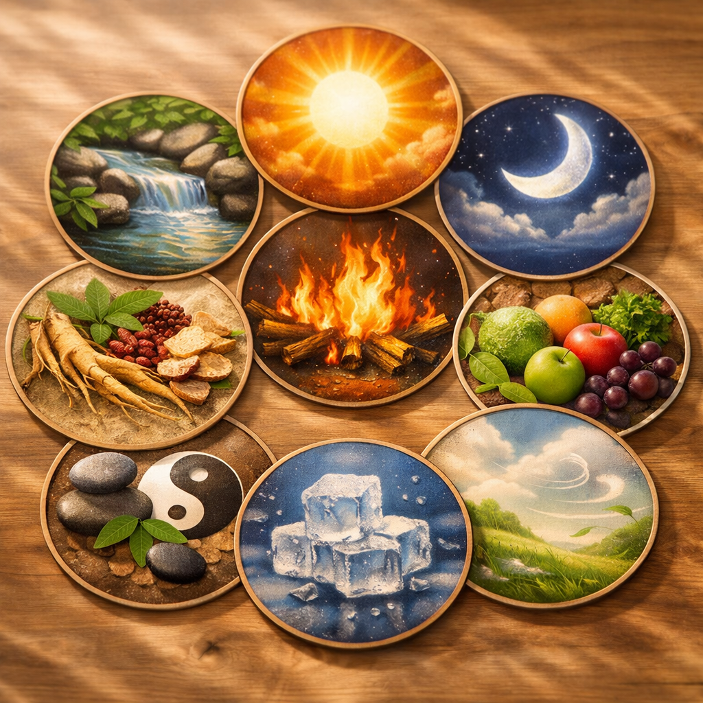 A detailed infographic-style photo composition displaying nine distinct circular sections arranged in a harmonious pattern. Each section contains symbolic imagery representing different body constitutions - showing visual metaphors like a glowing sun for yang, a cool moon for yin, flowing water for dampness, vibrant fire for heat, and gentle wind for qi. The photo has a warm, natural color palette with soft shadows. Shot with a 50mm lens, f/2.8 aperture for subtle depth. The overall composition suggests interconnection while maintaining individual clarity for each constitution type. Natural lighting with a slightly elevated angle view.