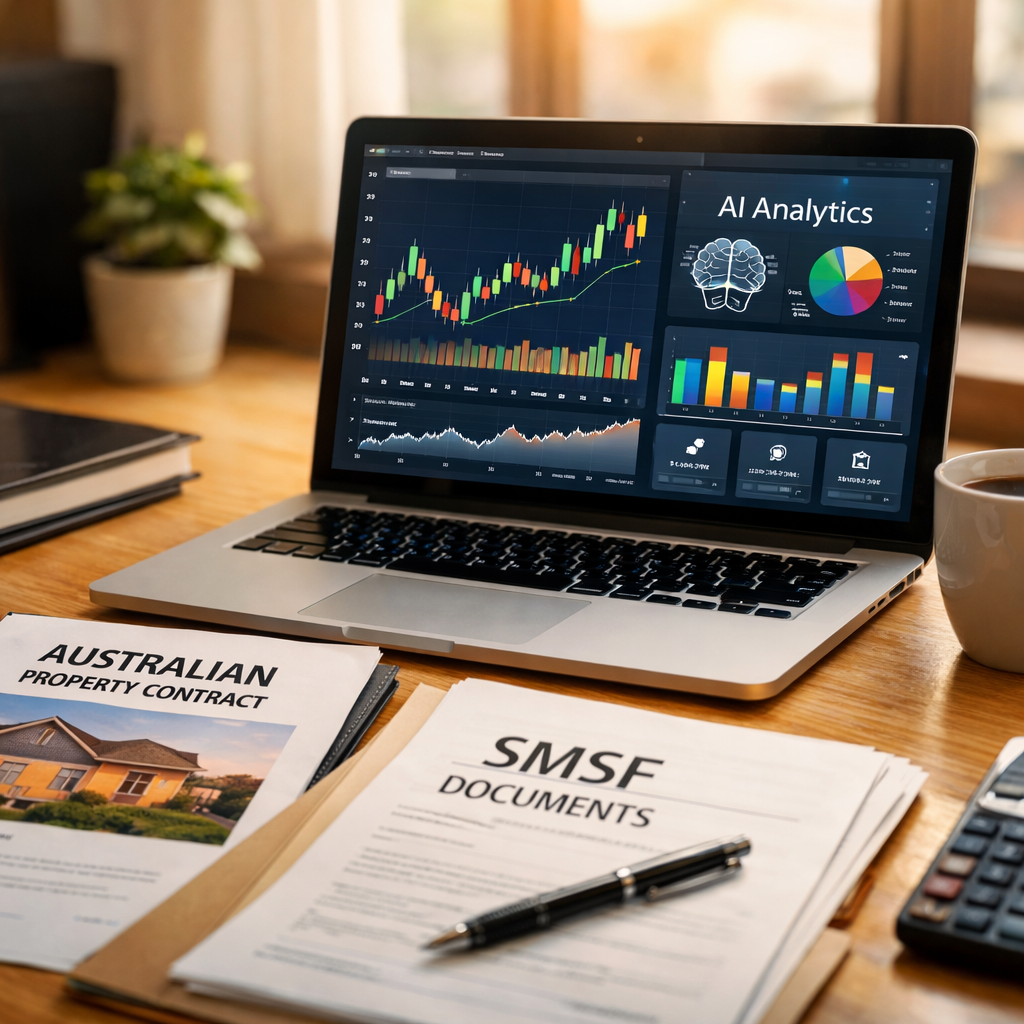 A modern professional workspace showing a laptop displaying colorful financial charts and AI-powered analytics dashboards, with Australian property documents and SMSF paperwork visible on a clean desk, natural lighting from window, photo style, shot with 50mm lens, f/2.8, shallow depth of field, warm tones, highly detailed