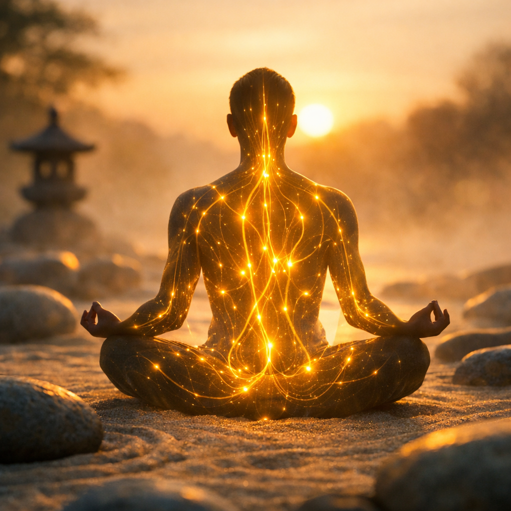 A serene photograph showing a person's silhouette meditating at sunrise, with their body appearing semi-transparent and filled with flowing streams of golden light representing energy pathways. The scene is set in a minimalist zen garden with smooth stones and gentle morning mist. Shot with a 50mm lens at f/2.8, creating a shallow depth of field with soft bokeh in the background. Natural golden hour lighting creates warm tones and a peaceful atmosphere. Photo style, highly detailed, DSLR camera.
