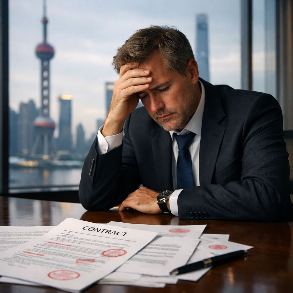 A dramatic business scene showing a foreign executive sitting at a polished conference table, looking distressed while reviewing contract documents, with a Chinese city skyline visible through floor-to-ceiling windows in the background. The lighting should be moody and cinematic, shot with a 35mm lens at f/2.8, creating shallow depth of field that emphasizes the executive's concerned expression. Include visible contract papers with red marks and stamps on the table. Photo style, natural office lighting, high detail, professional business photography.