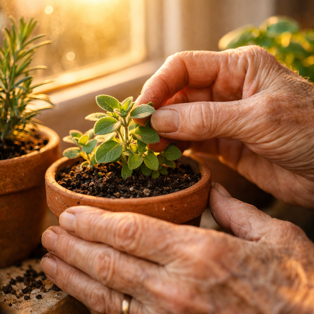 A peaceful scene of elderly hands gently tending to small potted herbs on a bright windowsill, soft natural lighting, close-up shot showing texture of soil and green leaves, shot with macro lens, shallow depth of field at f/2.8, photo style, golden hour lighting, intricate details of wrinkled hands and plant textures, warm and comforting atmosphere