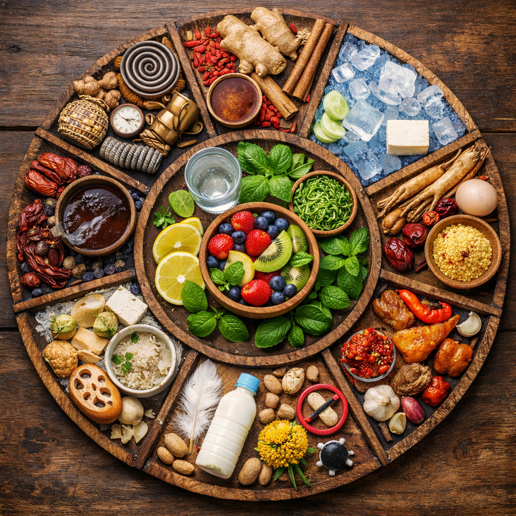 An artistic overhead view of nine different sections arranged in a circular pattern, each representing a TCM body constitution through symbolic elements, photo style. Center shows balanced elements (fresh fruits, clear water, green plants). Surrounding sections contain: warming foods and ginger for Yang deficiency, cooling foods and ice for Yin deficiency, energizing ingredients for Qi deficiency, heavy moisture-laden items for Phlegm-Damp, herbs and flowing water for Blood Stasis, compressed spring-like objects for Qi Stagnation, spicy and oily foods for Damp-Heat, and allergen symbols for Special Constitution. Shot with 50mm lens, natural lighting from above, rule of thirds composition, highly detailed textures, vibrant but harmonious color palette representing the interconnected nature of the nine constitutions.