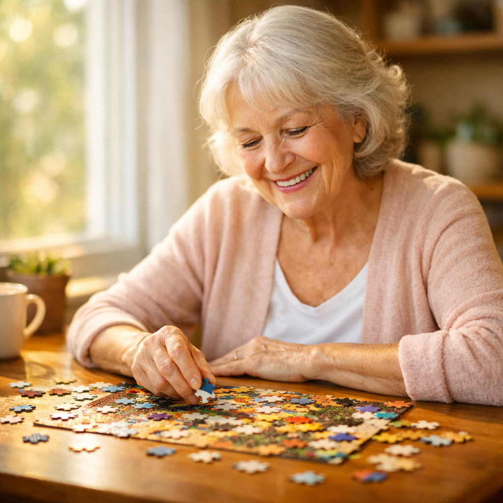A warm, inviting photo of a senior woman with silver hair smiling joyfully while working on a colorful jigsaw puzzle at a sunlit wooden table by a window, natural morning light streaming in, shallow depth of field, shot with 50mm lens at f/2.8, photo style, Canon EOS R5, highly detailed, warm tones