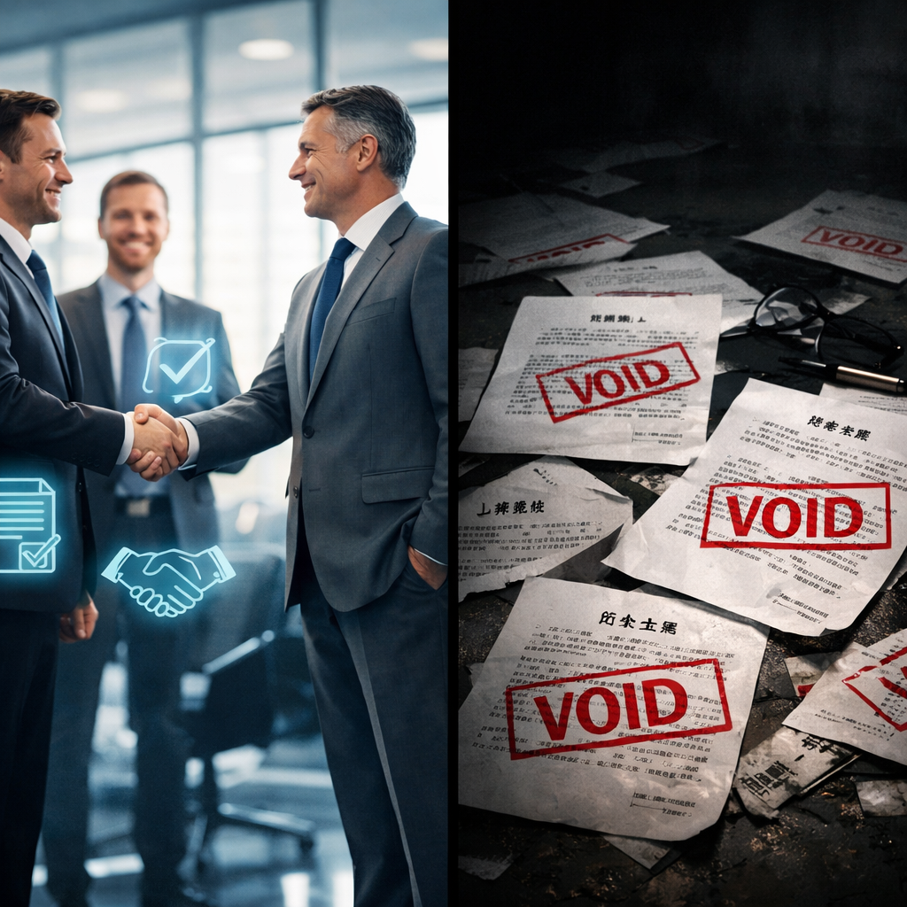 A dramatic split-screen composition showing two contrasting business scenarios: On the left, Western businesspeople shaking hands confidently in a bright modern office with floating holographic contract symbols around them; On the right, the same scene fading into darkness with Chinese legal documents marked with red 'VOID' stamps scattered on the ground, shot with 35mm lens, cinematic lighting, high contrast, business photography style