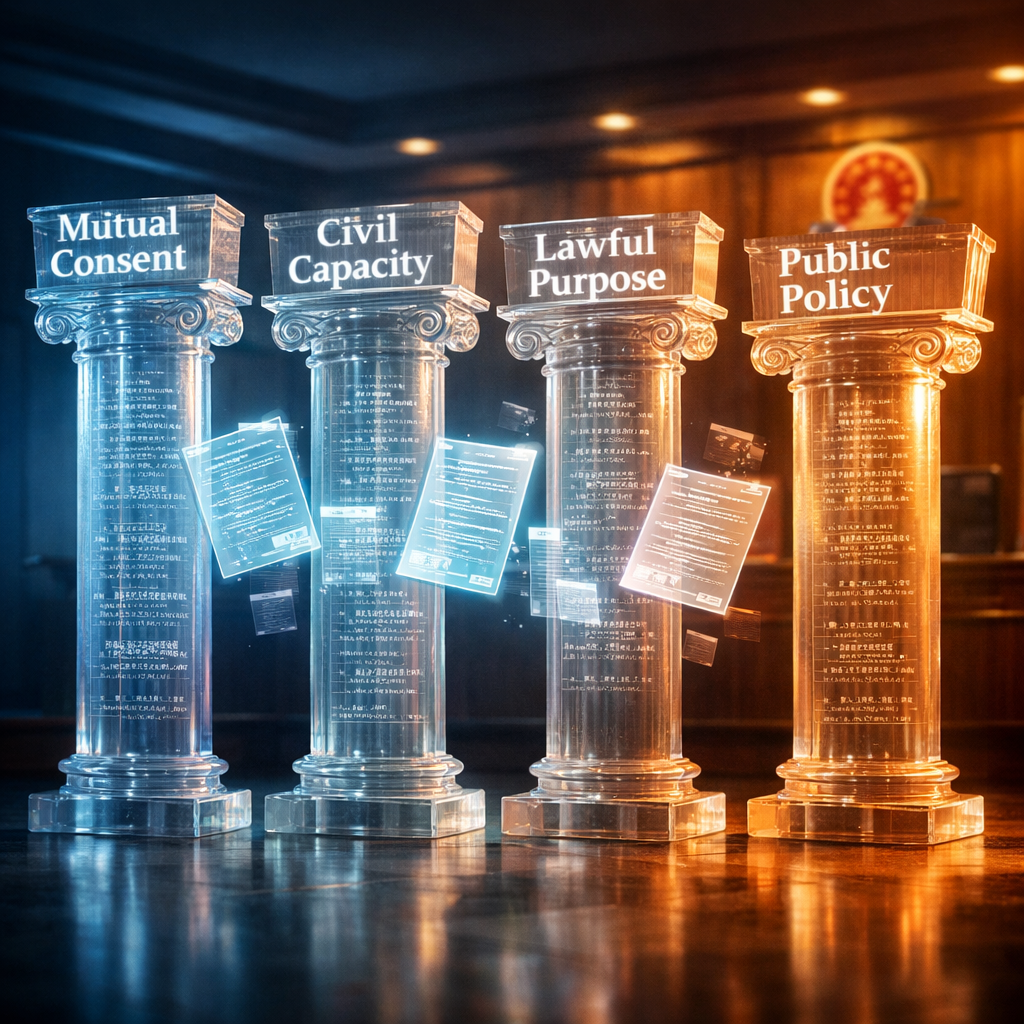A conceptual visualization showing four classical pillars standing in a modern Chinese business environment. Each pillar is labeled with one of the four essential elements: Mutual Consent, Civil Capacity, Lawful Purpose, and Public Policy. The pillars are made of translucent material with Chinese legal text visible inside them. Between the pillars, holographic contract documents float in the air. The scene has dramatic lighting with a gradient from cool blue to warm amber, symbolizing the bridge between traditional legal principles and modern business. The background shows a minimalist Chinese courtroom with subtle architectural elements. Professional photo style, shot with 35mm lens, f/2.8, cinematic lighting, high contrast.