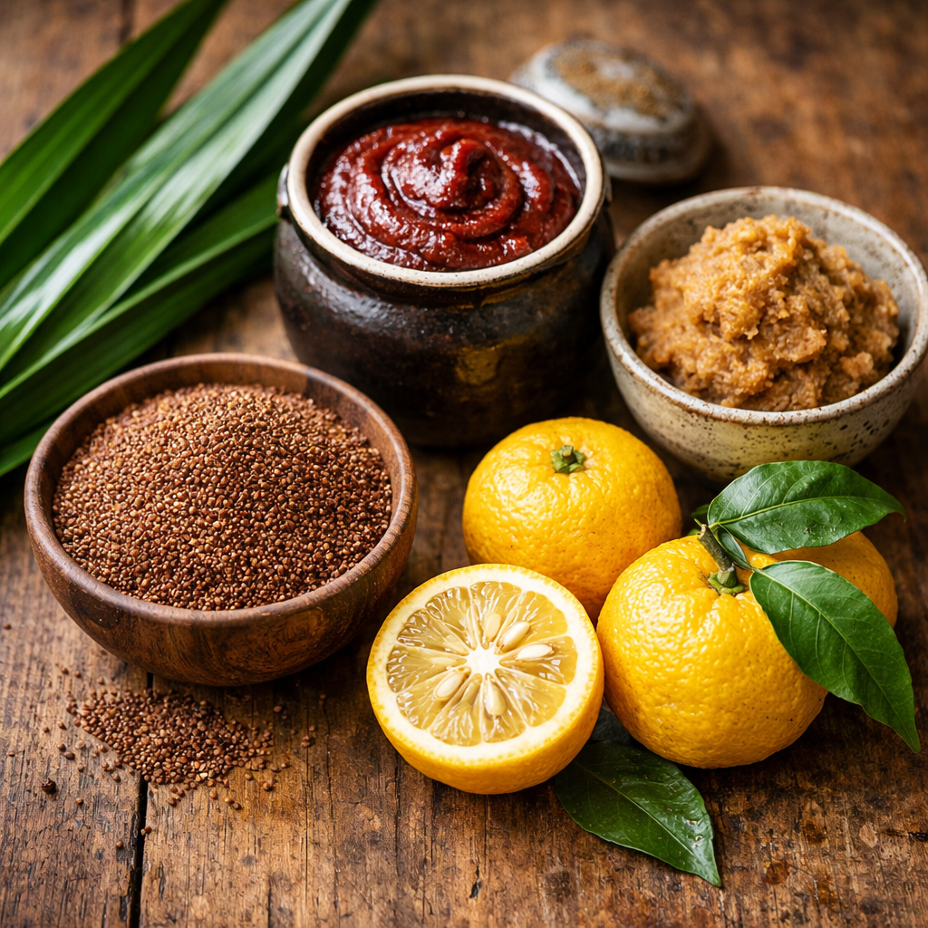 A vibrant overhead photo of various heritage grains and ingredients arranged artfully on a rustic wooden surface: Ethiopian teff grains in a small bowl, Korean gochujang in a ceramic container, Japanese miso paste, fresh yuzu fruits, and pandan leaves. Shot with 50mm lens, f/2.8, natural window lighting, warm tones, highly detailed textures showing the distinct characteristics of each ingredient. Photo style with shallow depth of field.