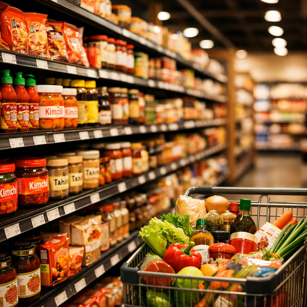 A wide-angle photo of a modern supermarket aisle showcasing ethnic food products, shot with 50mm lens at f/2.8. The shelves display colorful packages of Asian sauces, kimchi jars, tahini containers, and Chinese hotpot bases alongside traditional Western products. Natural lighting from overhead fixtures creates warm tones. The composition follows the rule of thirds with the aisle extending into the background, creating depth. Highly detailed product labels are visible, shot in photo style with shallow depth of field. The scene captures the seamless integration of ethnic foods into mainstream retail space, with a diverse shopping cart visible in the foreground.