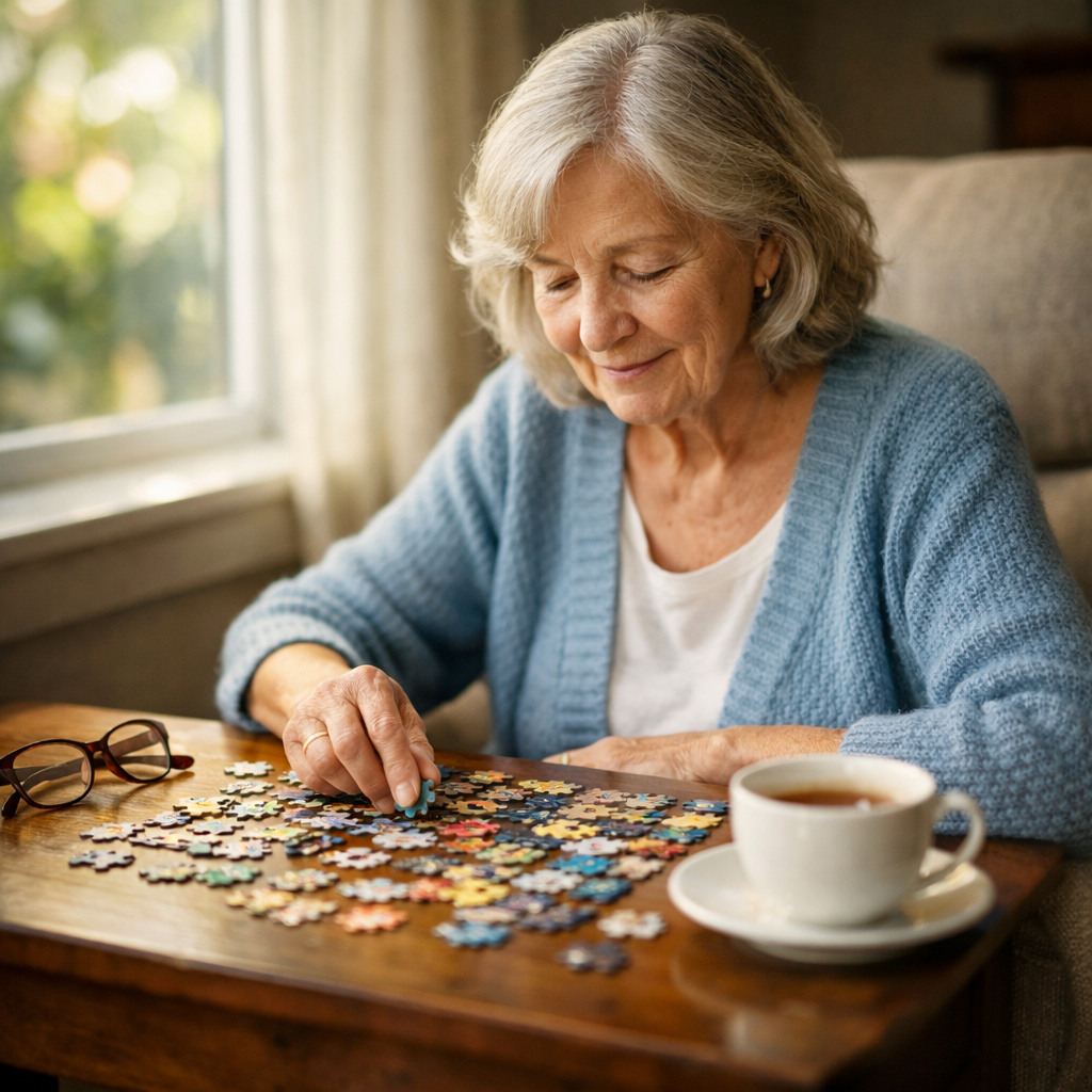 A serene senior woman sitting in a cozy armchair by a sunlit window, working on a colorful jigsaw puzzle spread on a wooden side table, with reading glasses resting nearby and a cup of tea, warm natural lighting, photo style, shot with 50mm lens, f/2.8, shallow depth of field, peaceful home interior