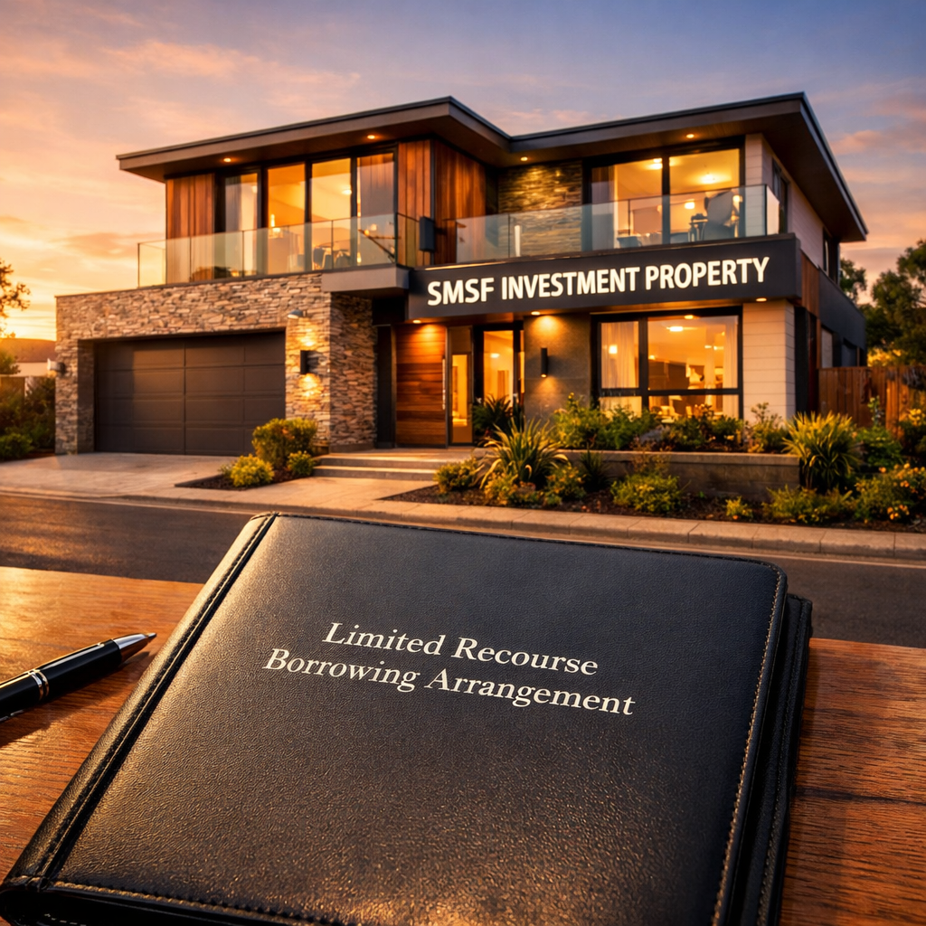 An Australian investment property photographed from street level during golden hour, showing a modern two-story residential building with 'SMSF Investment Property' signage. In the foreground, there's a professional document folder labeled 'Limited Recourse Borrowing Arrangement' on a wooden surface. Shot with wide-angle lens, warm sunset lighting, architectural photography style, high contrast, detailed textures on the building facade, photo style.