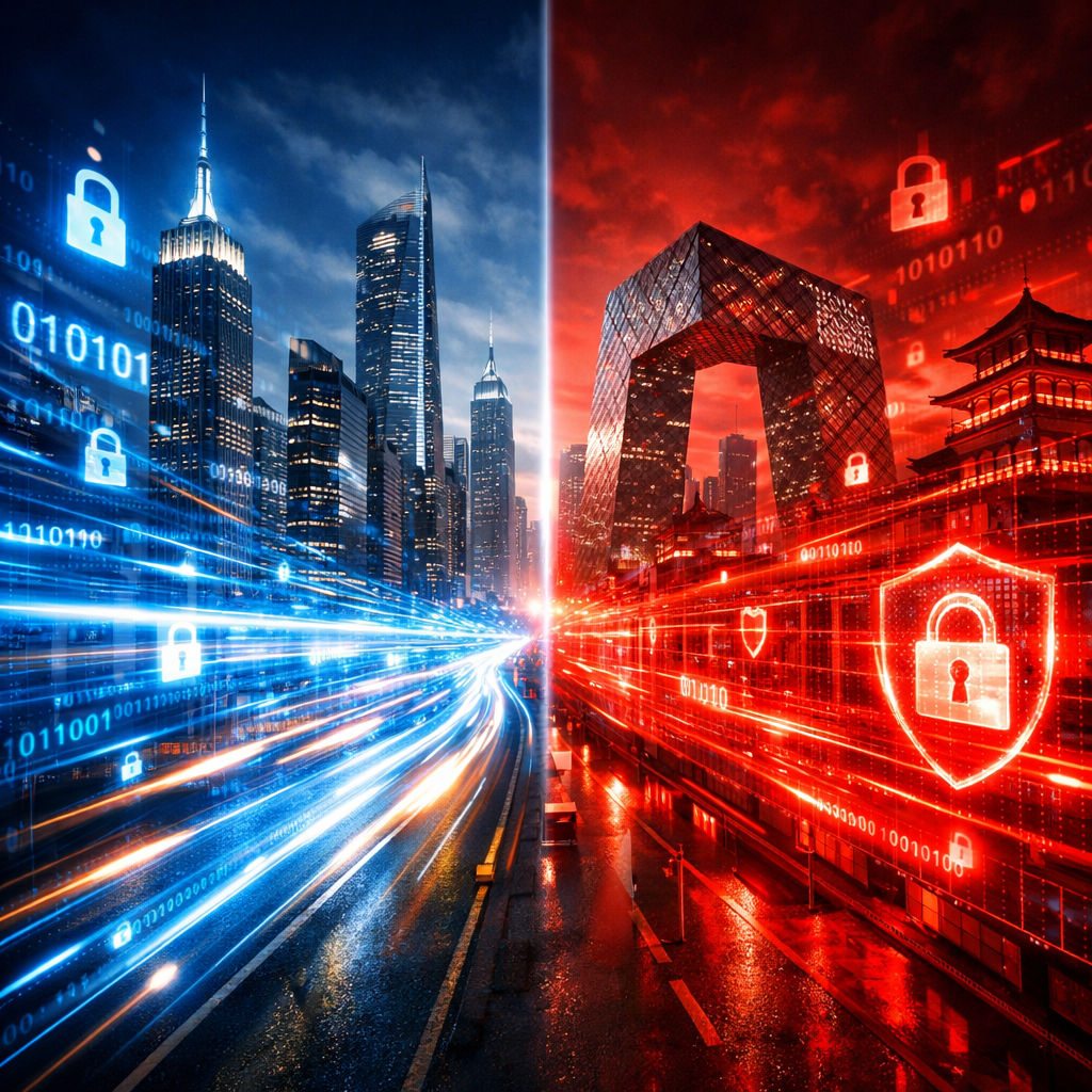 A split composition showing digital data flowing between two hemispheres, photo style, left side shows Western skyscrapers with glowing data streams, right side shows Chinese modern architecture with red digital security barriers, dramatic lighting with blue and red color tones representing data protection, shot with wide-angle lens, high-tech visualization style, intricate details of binary code and encryption symbols floating in the air, cinematic lighting with strong contrast, DSLR camera with long exposure effect creating light trails