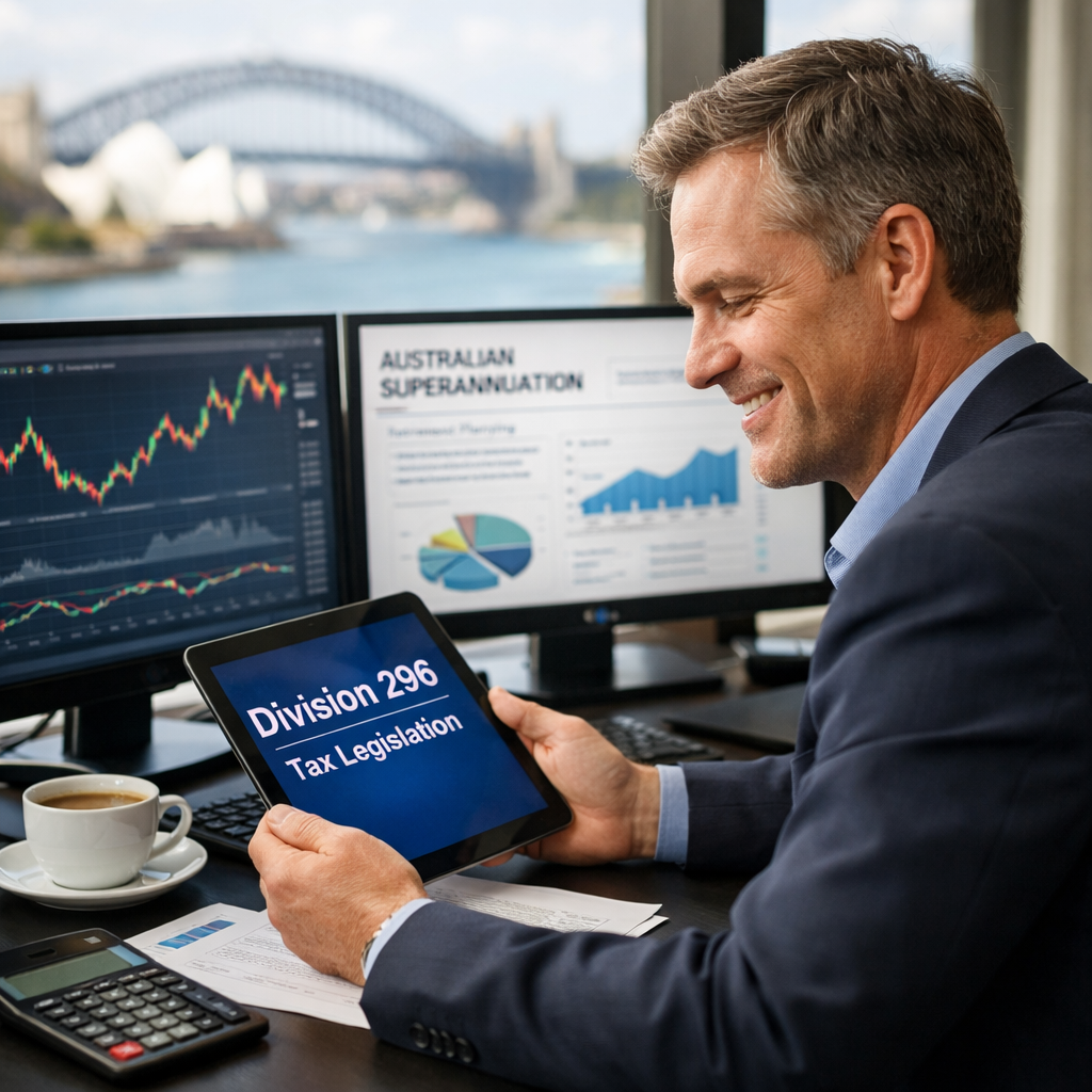 A professional business person in their 40s sitting at a modern desk with dual monitors displaying financial charts and Australian superannuation documents, with a tablet showing 'Division 296' tax legislation. The scene includes a calculator, coffee cup, and Sydney harbour view through the window. Shot with 50mm lens, f/2.8, natural office lighting, photo style, highly detailed, shallow depth of field.
